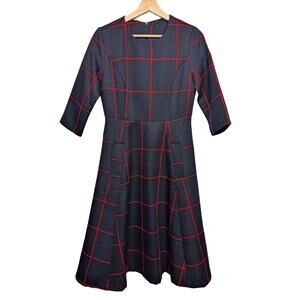 Metisu Anthropologie A line Dress Windowpane Plaid Academia Navy Red Half Slv XS